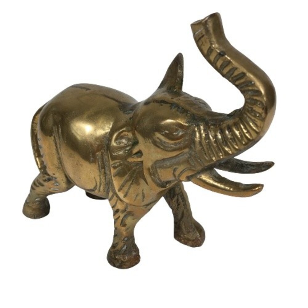 Vintage Heavy Solid Brass Lucky Elephant Figure 5 x 4.5 Inch Ex Detail Trunk Up